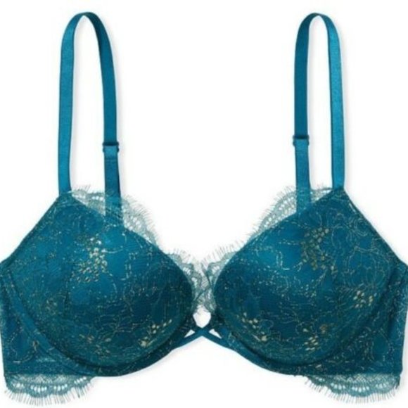 Victoria's Secret Bombshell + 2 cups teal & gold chantilly lace bra